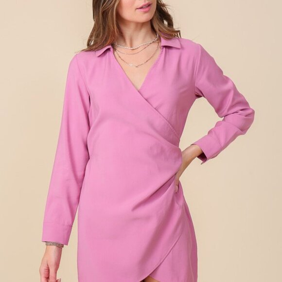 LUMIERE Pink Wrap Mini Dress with Long Sleeves, Collared Surplice Style - Picture 2 of 8